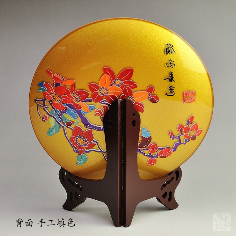 双面晶雕手工彩绘赏盘：岭南春色（Φ24.8cm）