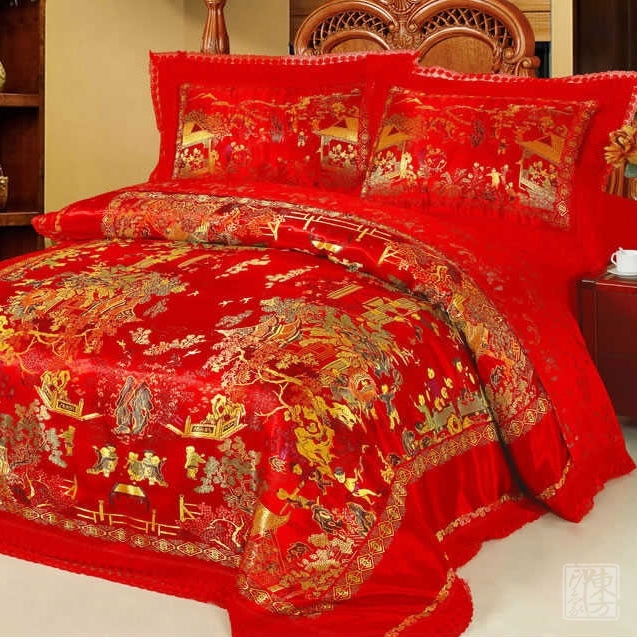 婚庆床上用品绸缎四件套－百子纳福