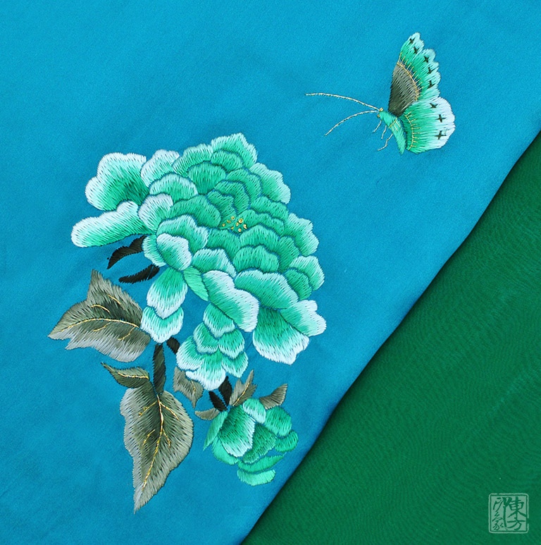 纯手工苏绣真丝围巾丝巾（带薄纱）：蝶恋花（松石绿）