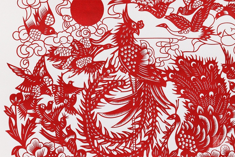 丝绸卷轴剪纸画百鸟朝凤