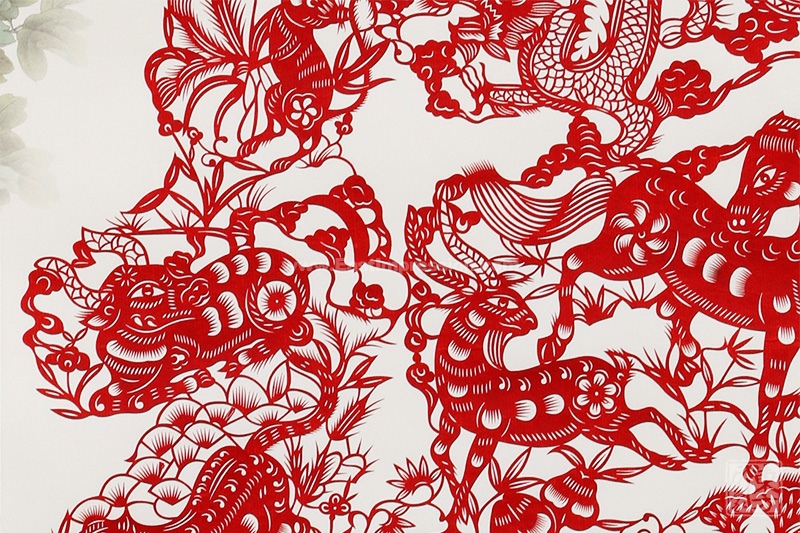 丝绸卷轴剪纸画十二生肖纳福